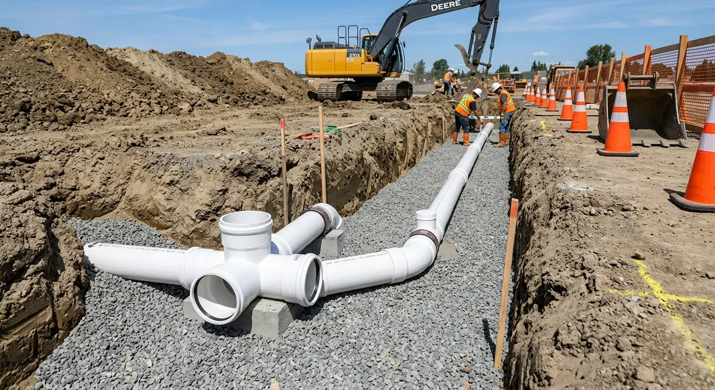 New PVC sewer pipe installation in open trench for Sewer Backup in Moore