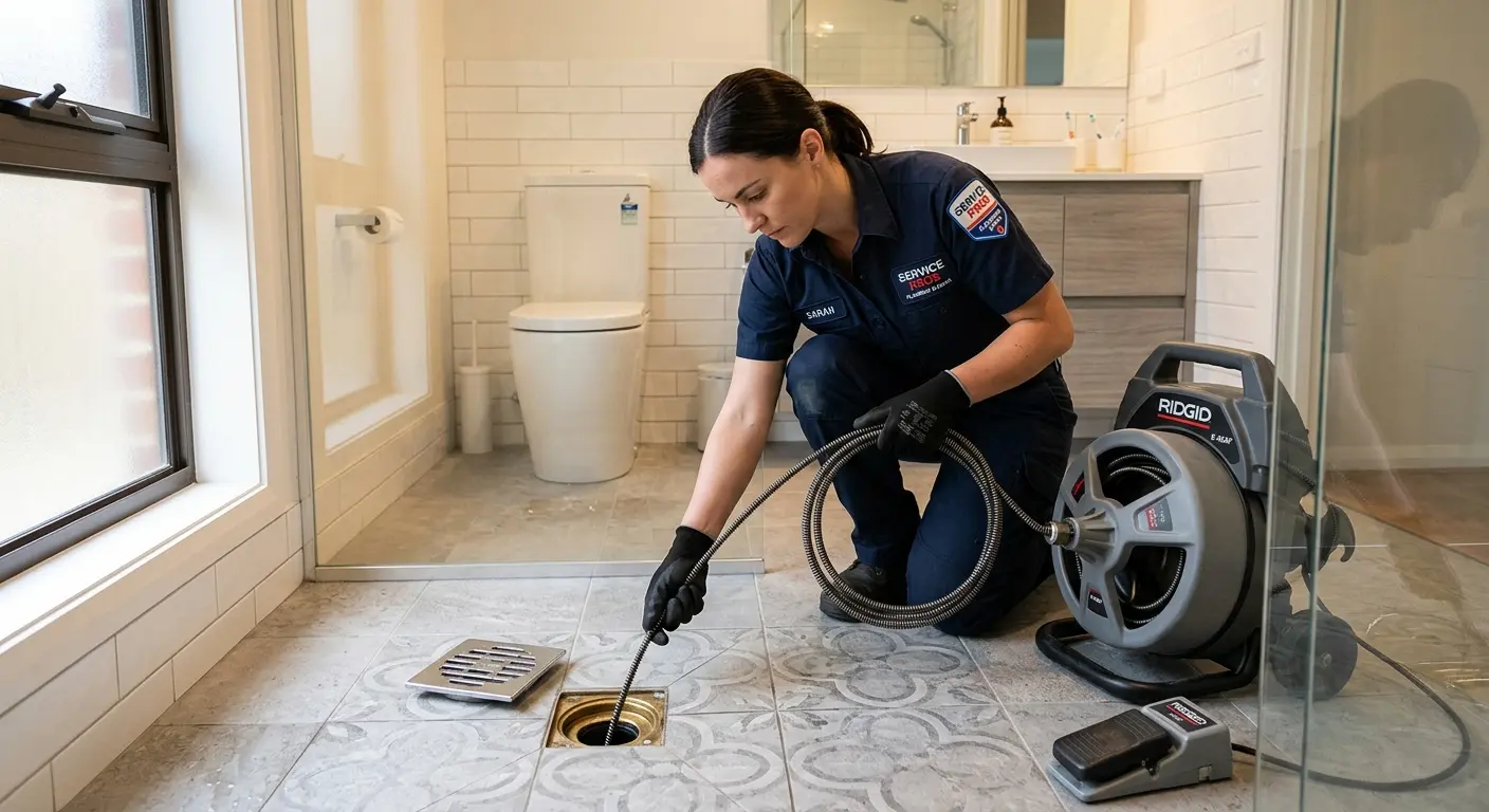 Technician clearing a bathroom floor drain for Drain Cleaning in Moore